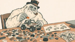 The Funcle Yeti in a top hat snapping a brick onto a half-built model on a table, a laptop pushed aside