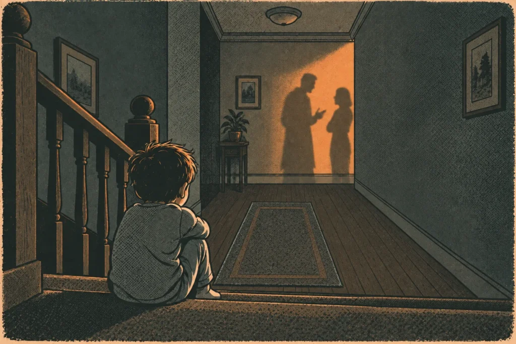 A child sits alone at the top of a dark staircase while harsh light and shadows spill from a room below.