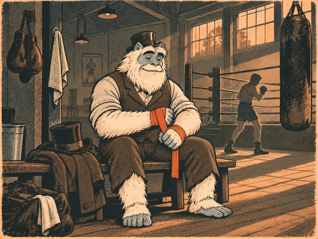 Illustration of the Funcle Yeti, a dapper yeti, calmly wrapping his hands on a bench in an old boxing gym.