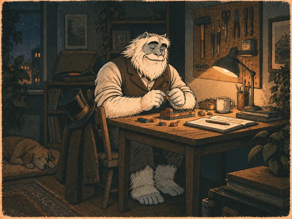 Illustration of the Funcle Yeti building a brick model at a single lamp-lit table in the corner of his home.