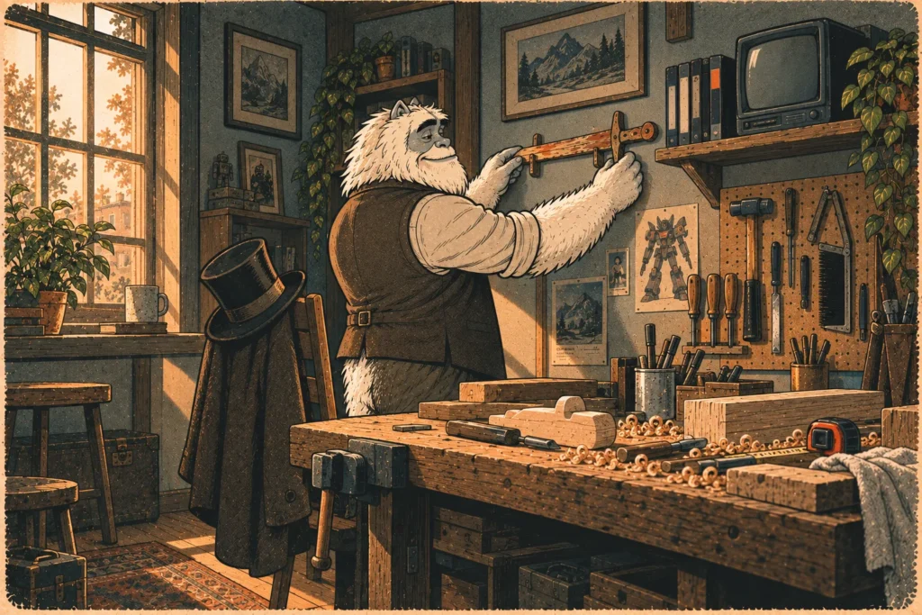 Illustration of the Funcle Yeti hanging an old wooden toy sword on his workshop wall above a half-finished project.