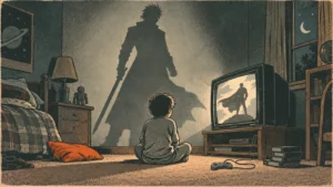 A small child sits in front of a glowing CRT TV at night, casting the shadow of a tall, calm swordsman on the wall.