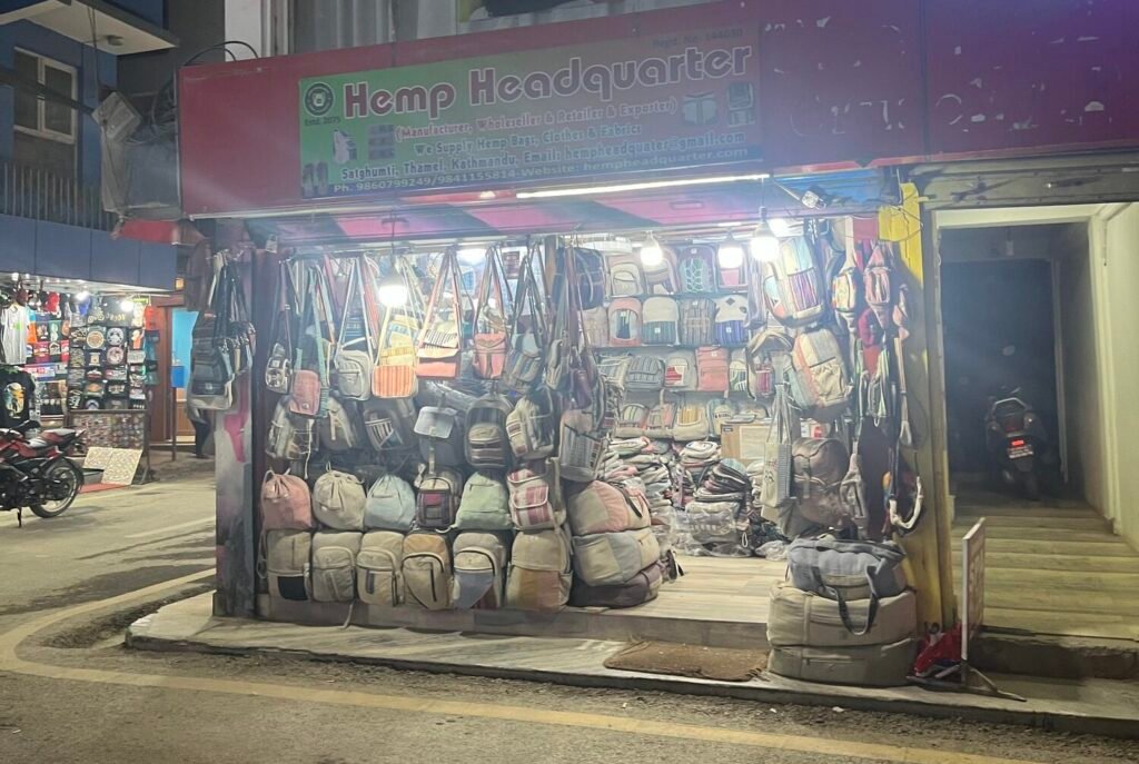Hemp goods shop in Thamel, Kathmandu, selling hemp bags and accessories