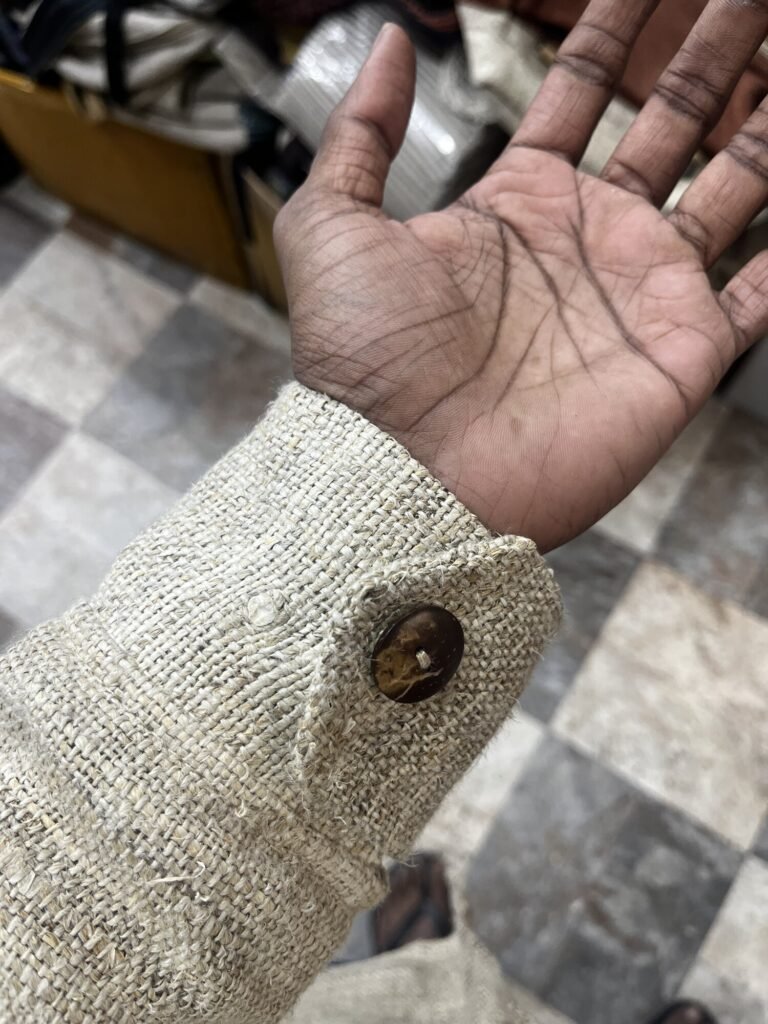 Close-up of an unlined handwoven hemp cuff with its new button