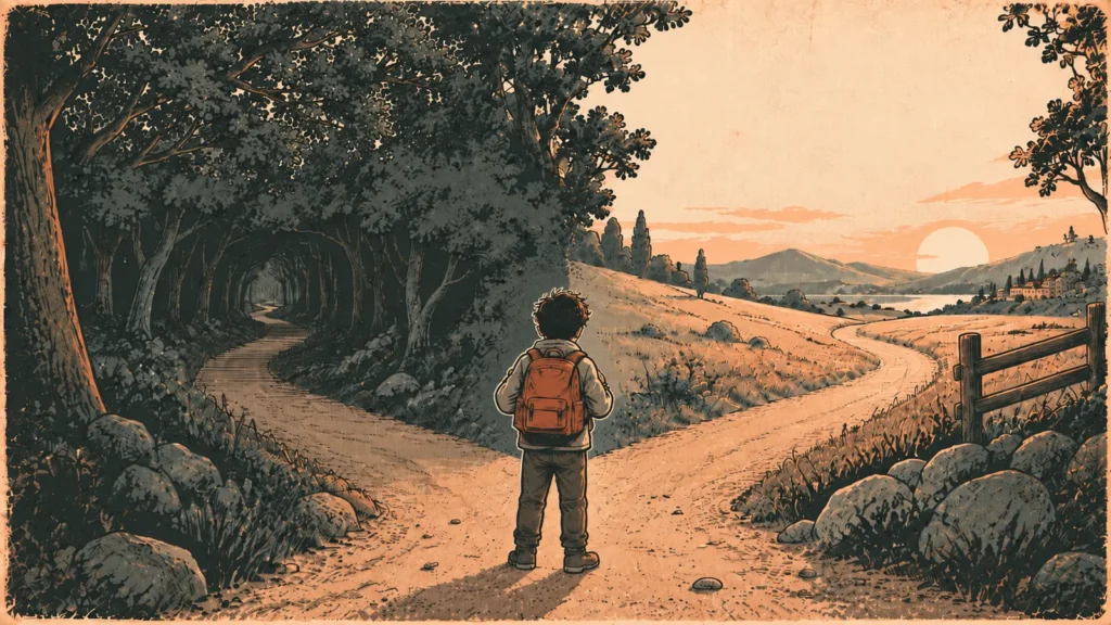 Diagram of two kinds of escapism: self-suppression, a path narrowing into a dark tunnel, and self-expansion, a path opening onto a meadow.