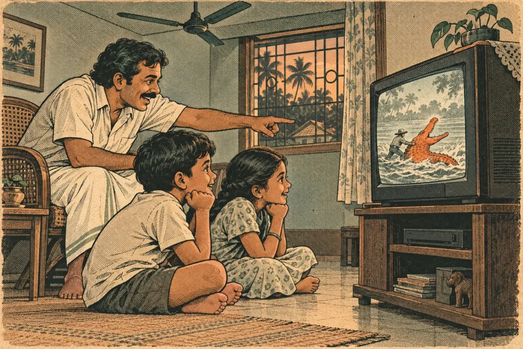 A family in a 1990s Kerala living room watches a man wrestle a crocodile on an old CRT TV.
