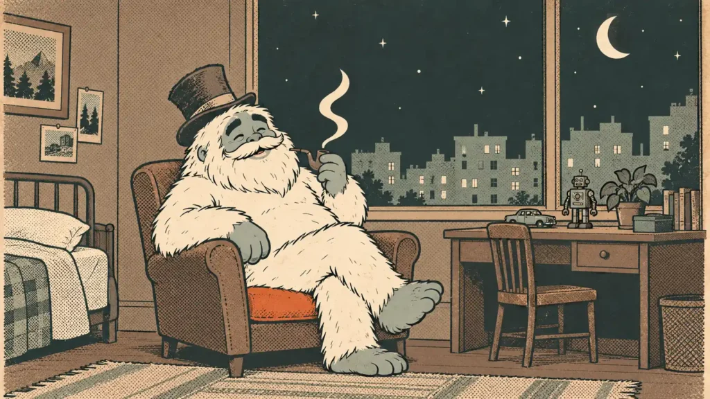 Funcle Yeti resting in an armchair beside his corner desk at night, pipe in hand