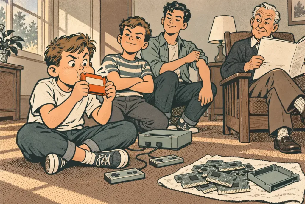 A boy blowing into a game cartridge while his older brother and cousin queue behind him, beside a pile of bare circuit boards