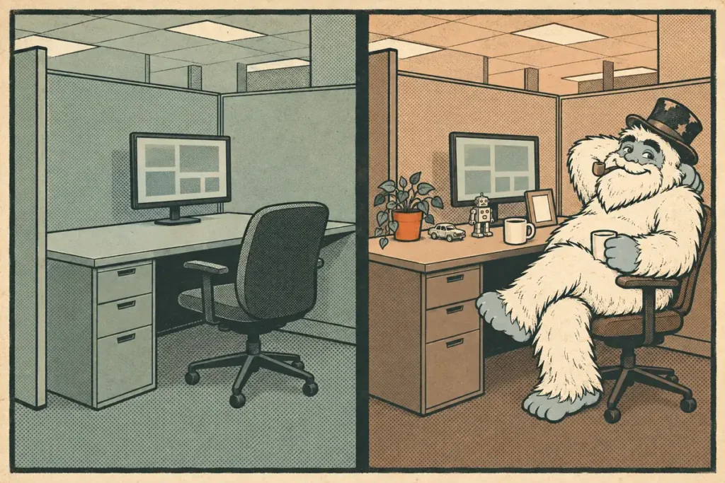 Two-panel comic comparing a bare clinical workstation with the Funcle Yeti's personalized desk setup