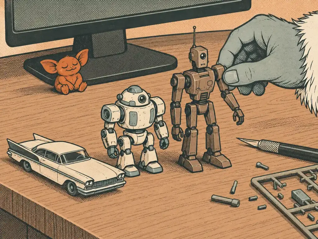Desk still life with a die-cast car, two hand-built robot model kits and a small creature figurine under a monitor