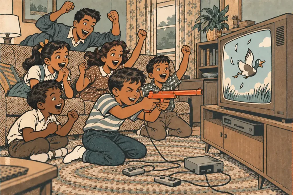 A crowd of cousins cheering as a boy aims a toy light gun at a duck falling on an old box television