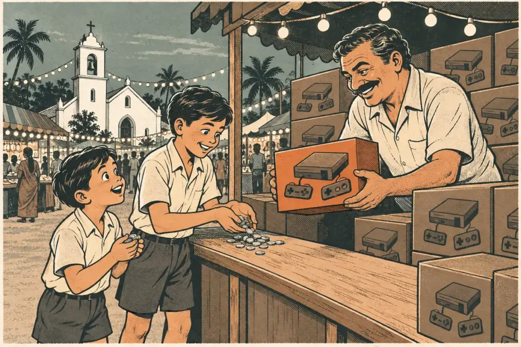 Two young brothers pooling their coins at a night festival stall to buy a cheap boxed video game console