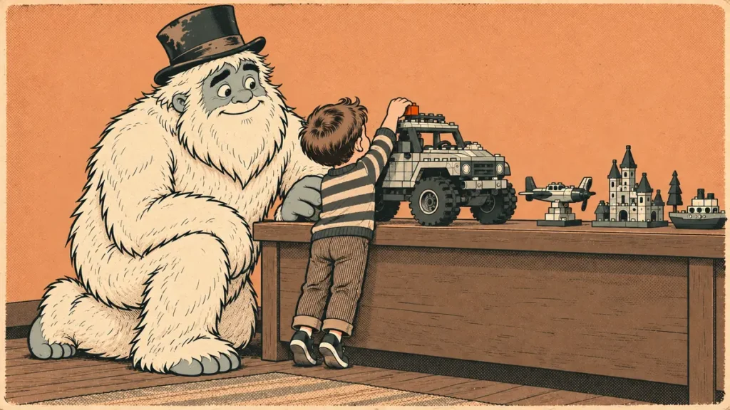 The Funcle Yeti and a child adding the last brick to a finished model on a display shelf