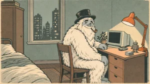Comic illustration of the Funcle Yeti at a small personal desk setup tucked into the corner of a city-flat bedroom