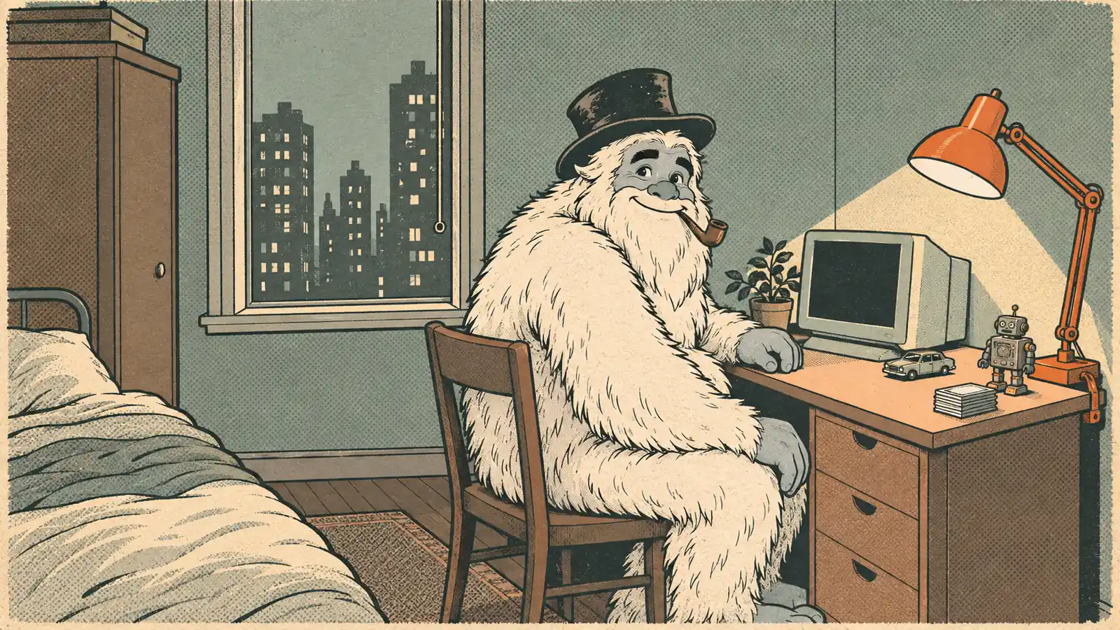 Comic illustration of the Funcle Yeti at a small personal desk setup tucked into the corner of a city-flat bedroom