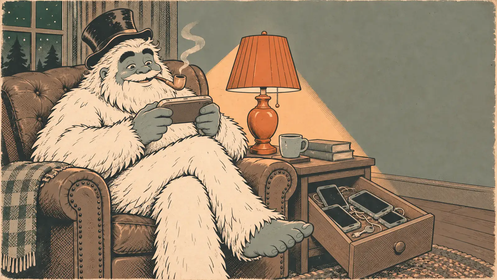 The Funcle Yeti in an armchair playing a chunky old handheld game console under a lamp, beside a drawer of old phones
