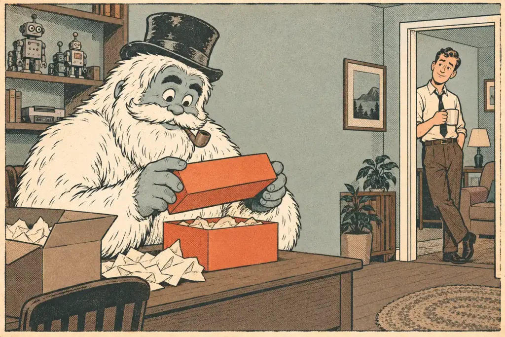 Funcle Yeti calmly unboxing a collectible at his desk while a flatmate teases him from the doorway