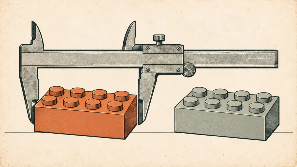 Comic catalog illustration of two identical building bricks with blank studs measured by calipers