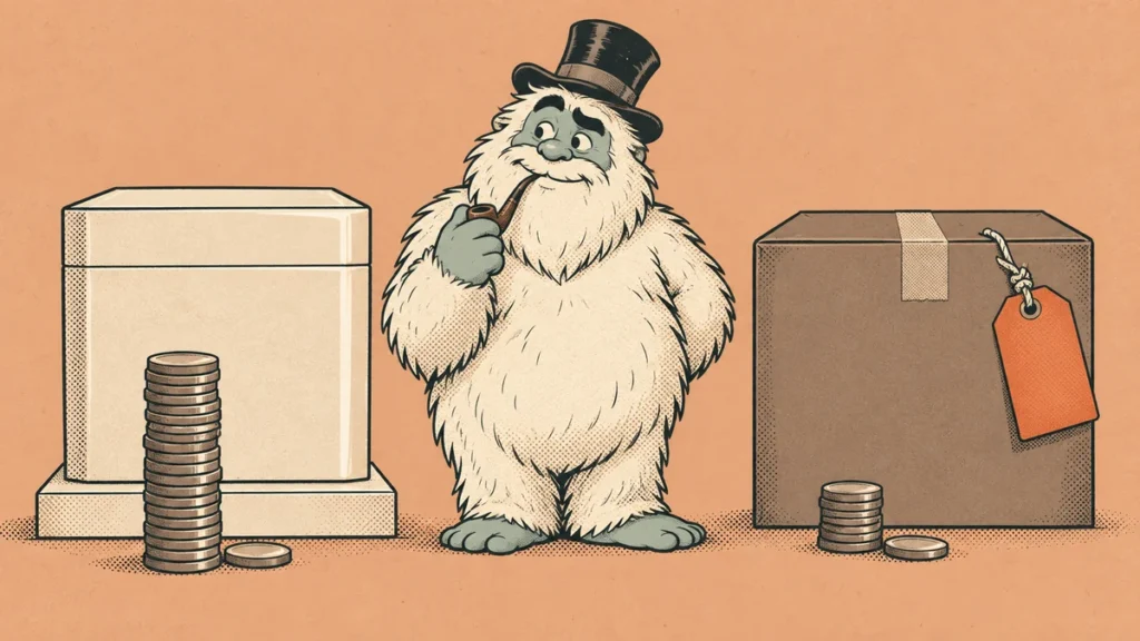 The Funcle Yeti between a premium boxed brick set and a plain shipping box, stacks of coins in front of each