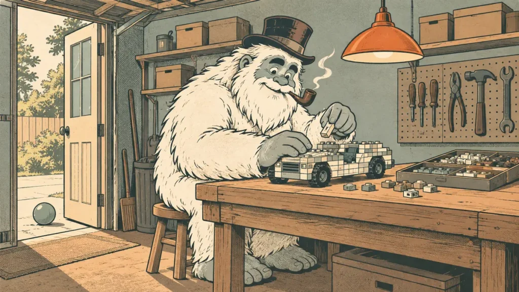 The Funcle Yeti at a garage workbench building a brick model under a hanging lamp