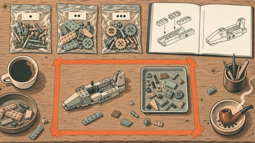 Overhead illustration of a build desk with bags of pieces in order, an open manual and a taped-off work zone