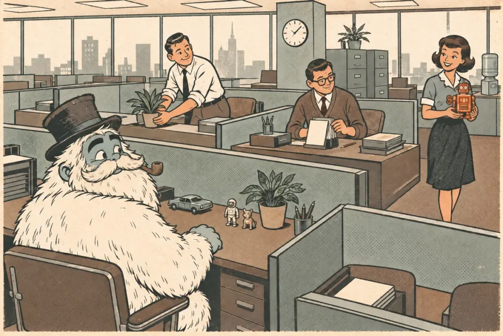 Comic of office colleagues adding plants and desk toys to their cubicles after seeing the Funcle Yeti's desk