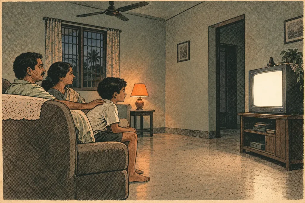 A boy sits still before a glowing TV in a lamplit living room, his parents close behind him on the sofa.