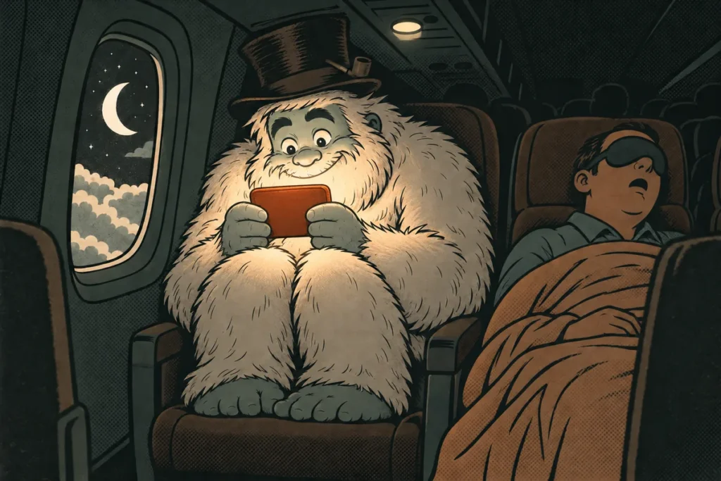 The Funcle Yeti playing a small retro handheld game console in a dark aeroplane cabin at night, clouds outside the window