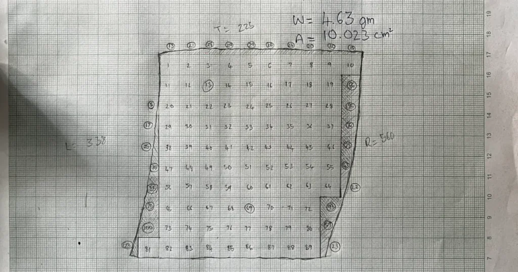 Traced outline of a handwoven hemp swatch on graph paper, centimetre squares numbered, its weight and area noted above