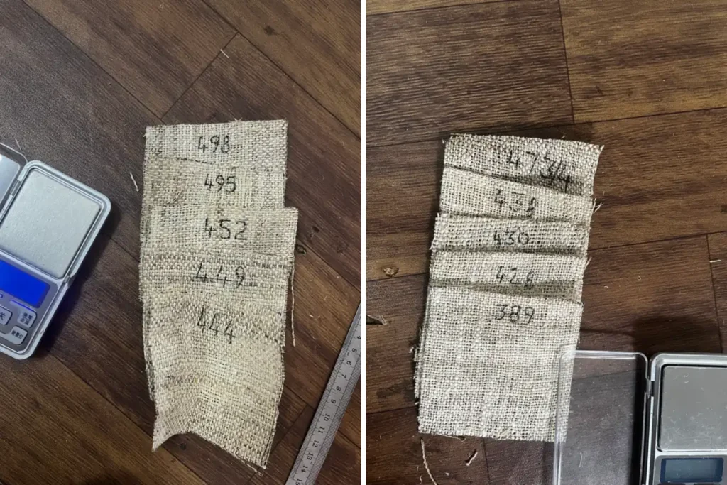 Two photos, each of five undyed handwoven hemp squares numbered in pen, on a wooden floor beside a pocket scale