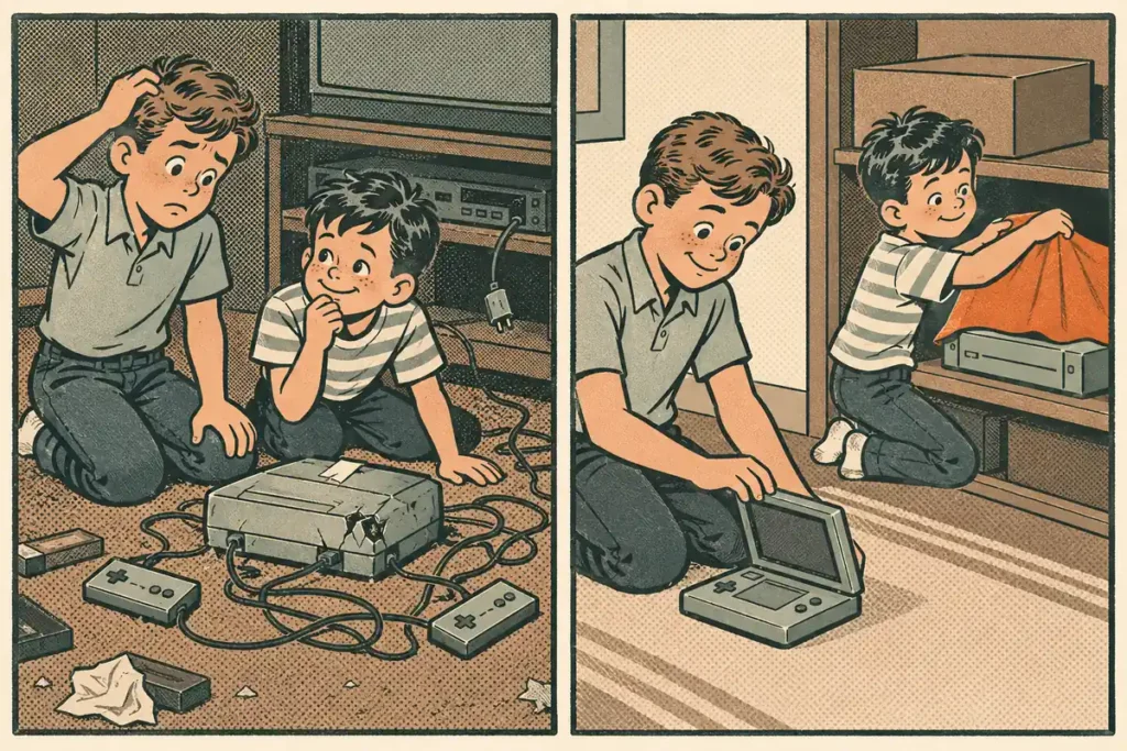 Two boys with a battered game console beside cousins carefully covering theirs with a cloth