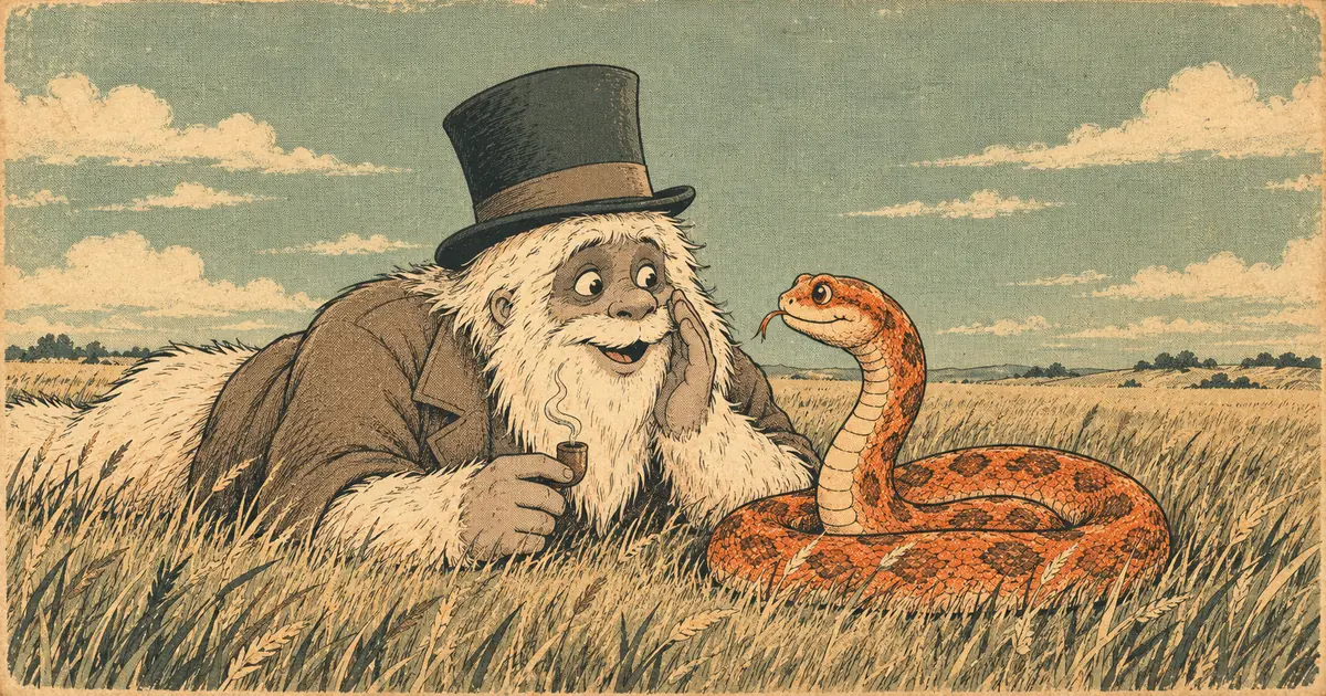 A cheerful yeti in a top hat lies in tall grass, whispering in delight beside a coiled orange snake.