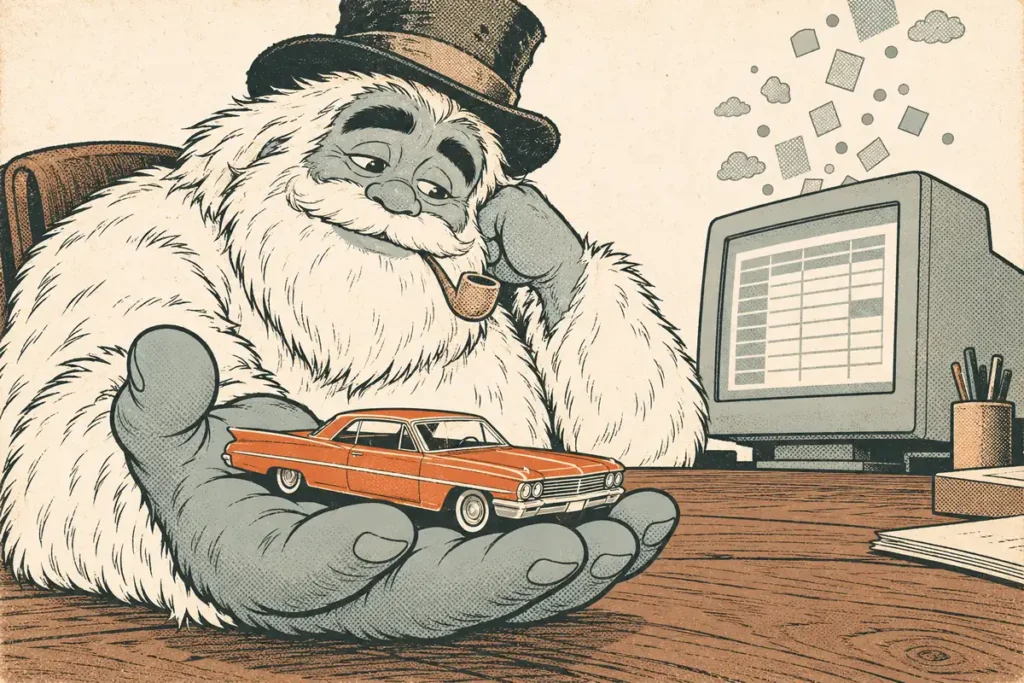 Comic of the Funcle Yeti holding a small die-cast car in his palm as a tactile break from spreadsheet work