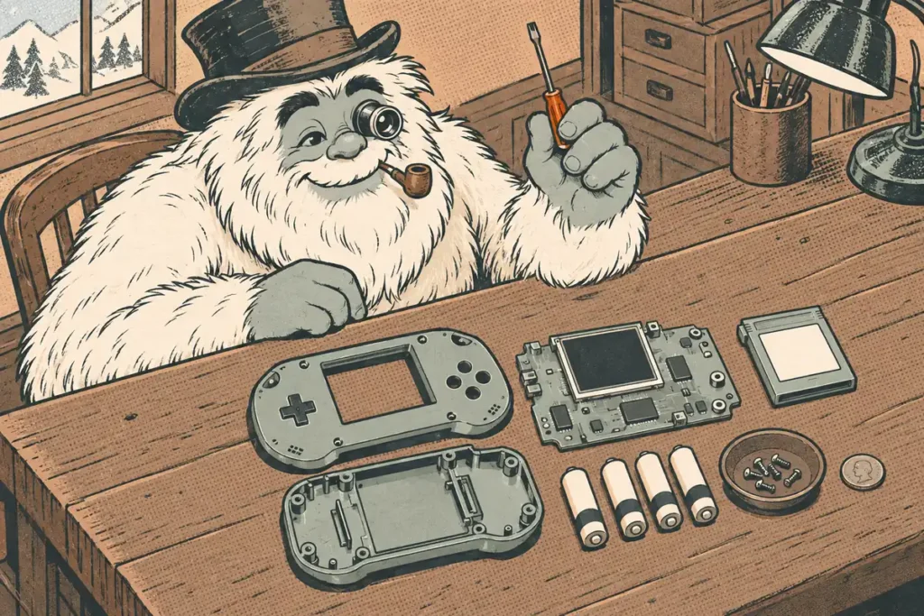 The Funcle Yeti opening a handheld console with a screwdriver, showing its simple circuit board and four AA batteries