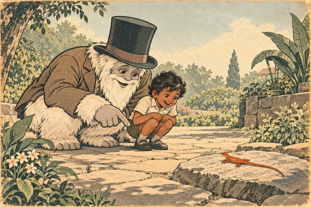 A yeti crouches beside a delighted child on a garden path, pointing at a small orange lizard on a stone.