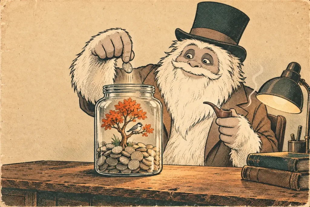 A yeti drops a coin into a glass jar where a small orange tree and a bird grow out of the coins.