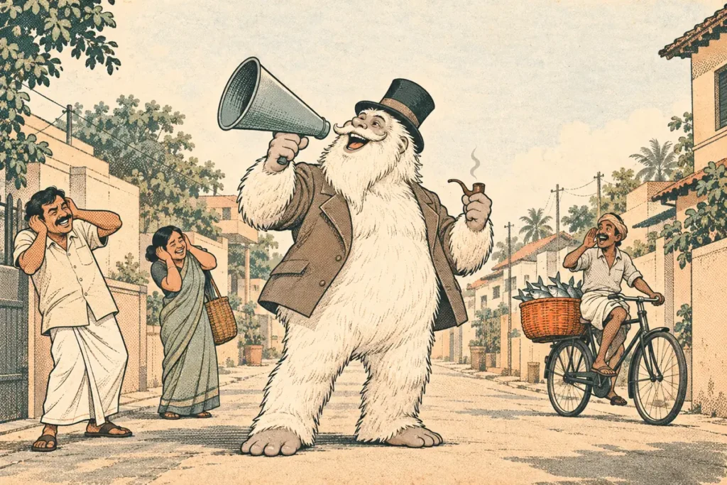 A yeti booms happily into a megaphone on a quiet lane as neighbors cover their ears and a fish seller calls out.