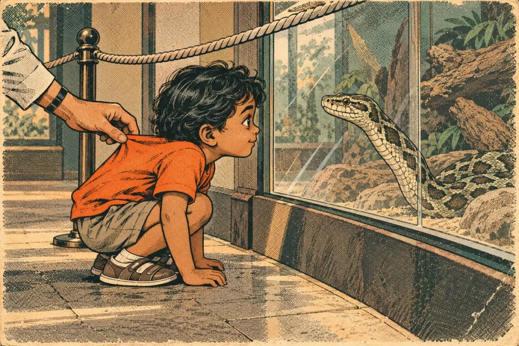 A small boy in an orange shirt crouches at a reptile-house window, eye to eye with a snake, as an adult tugs his shirt.